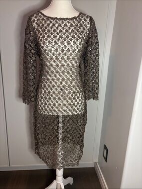 Camille La Vie Women’s Metallic Crochet Overlay Dress in Bronze